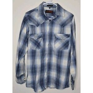 Canyon Guide Shirt Mens M Blue White Plaid Western Pearl Snap Chest Pockets
